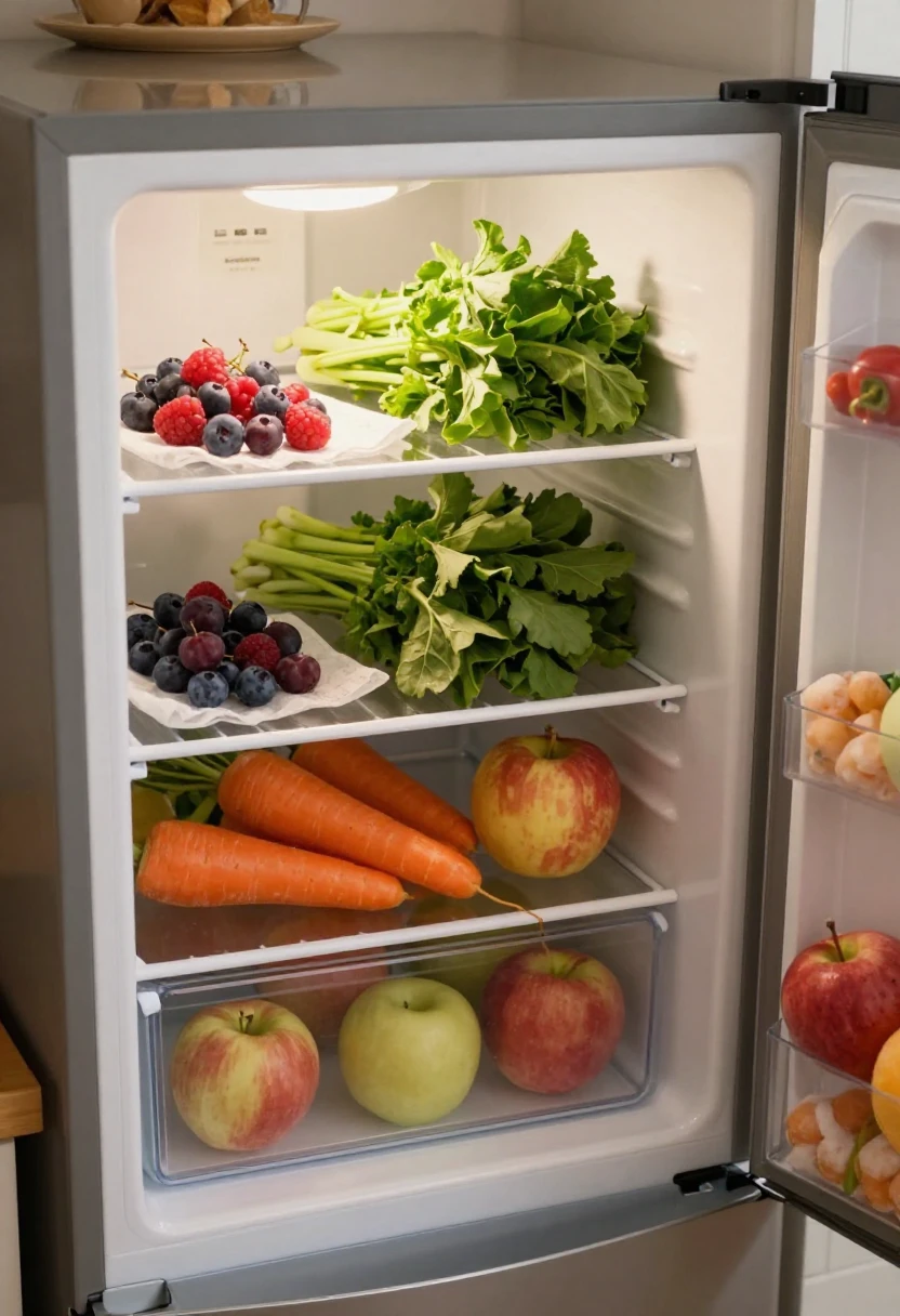 Fresh organic produce stored neatly to avoid food waste.
