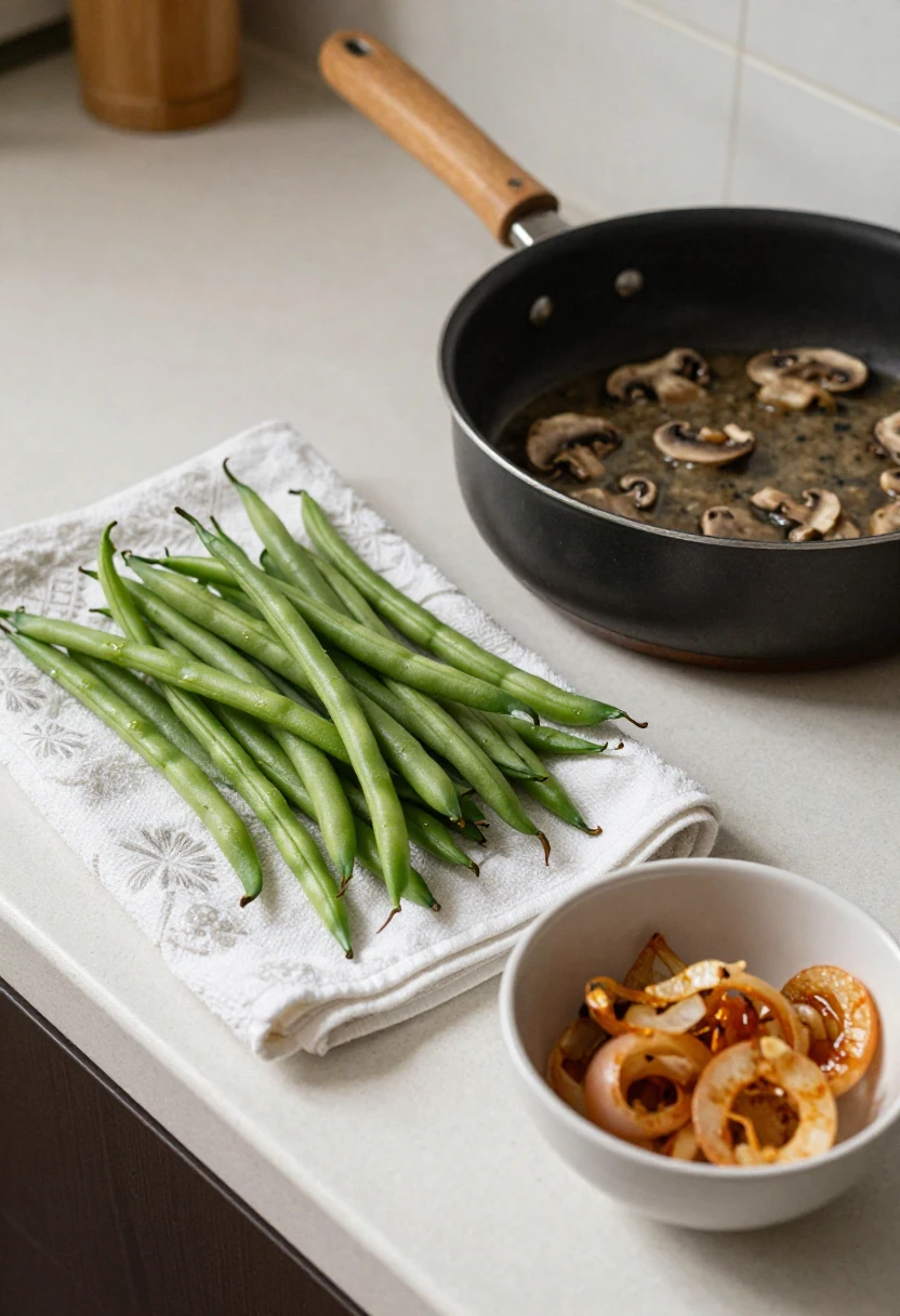 Drained green beans and sauce prepared to avoid watery casserole