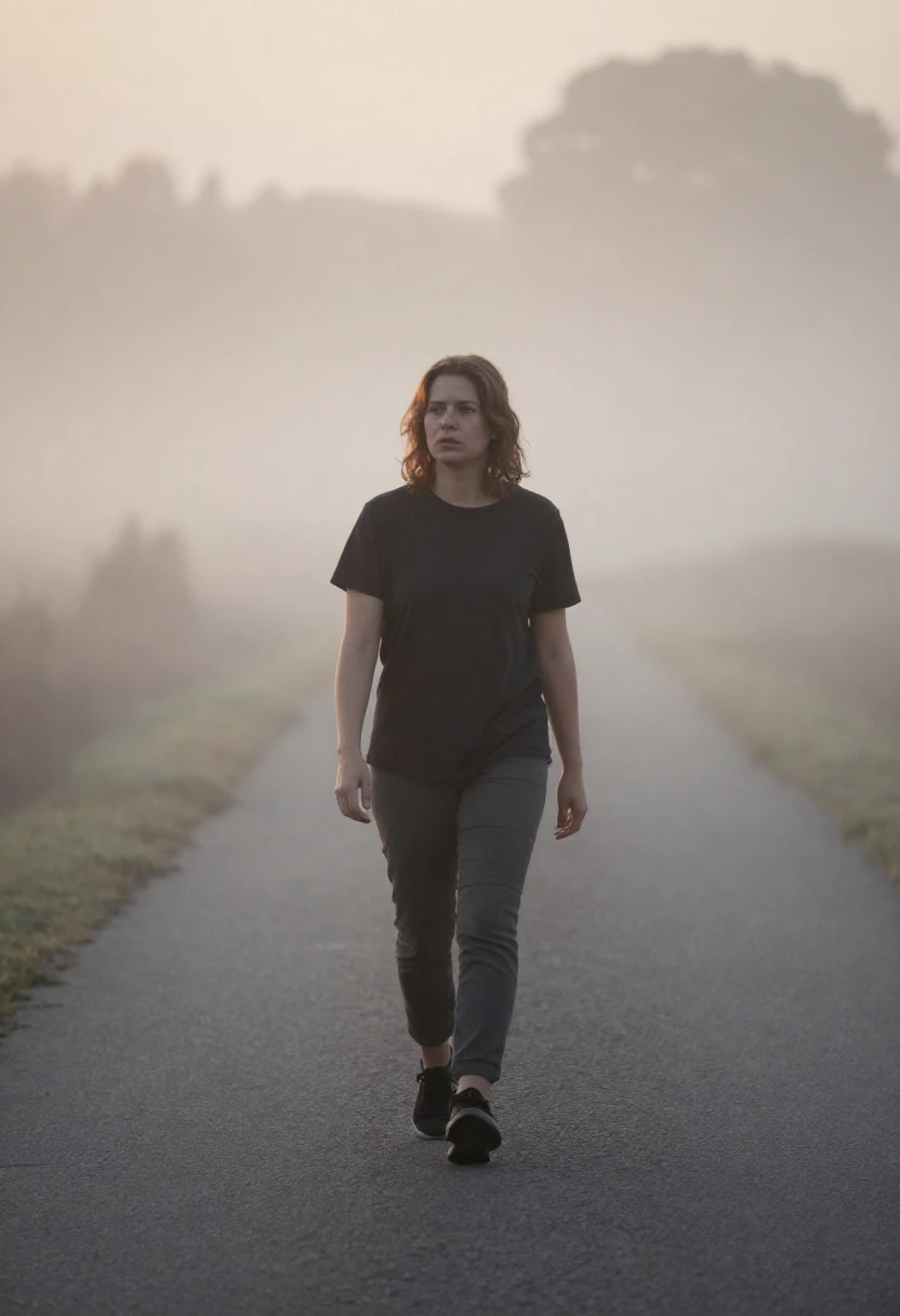 A person walking through morning fog, symbolizing awakened confusion and inner uncertainty.