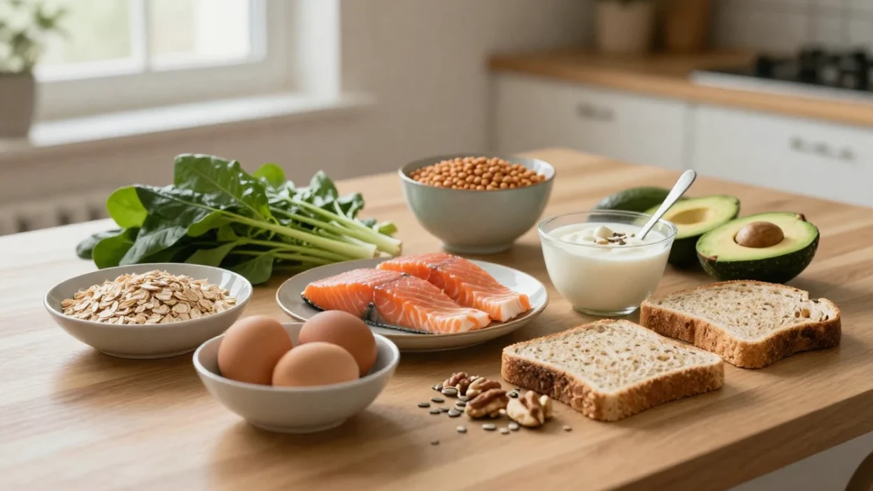 B-vitamin-rich foods including eggs, oats, greens, salmon, lentils, yogurt, nuts, and avocado.