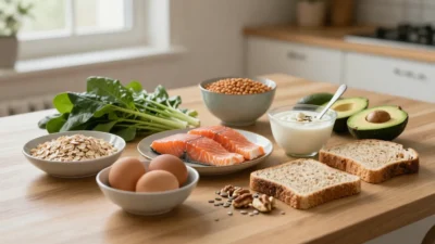 B-vitamin-rich foods including eggs, oats, greens, salmon, lentils, yogurt, nuts, and avocado.