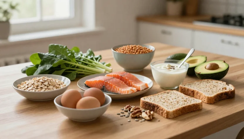 B-vitamin-rich foods including eggs, oats, greens, salmon, lentils, yogurt, nuts, and avocado.