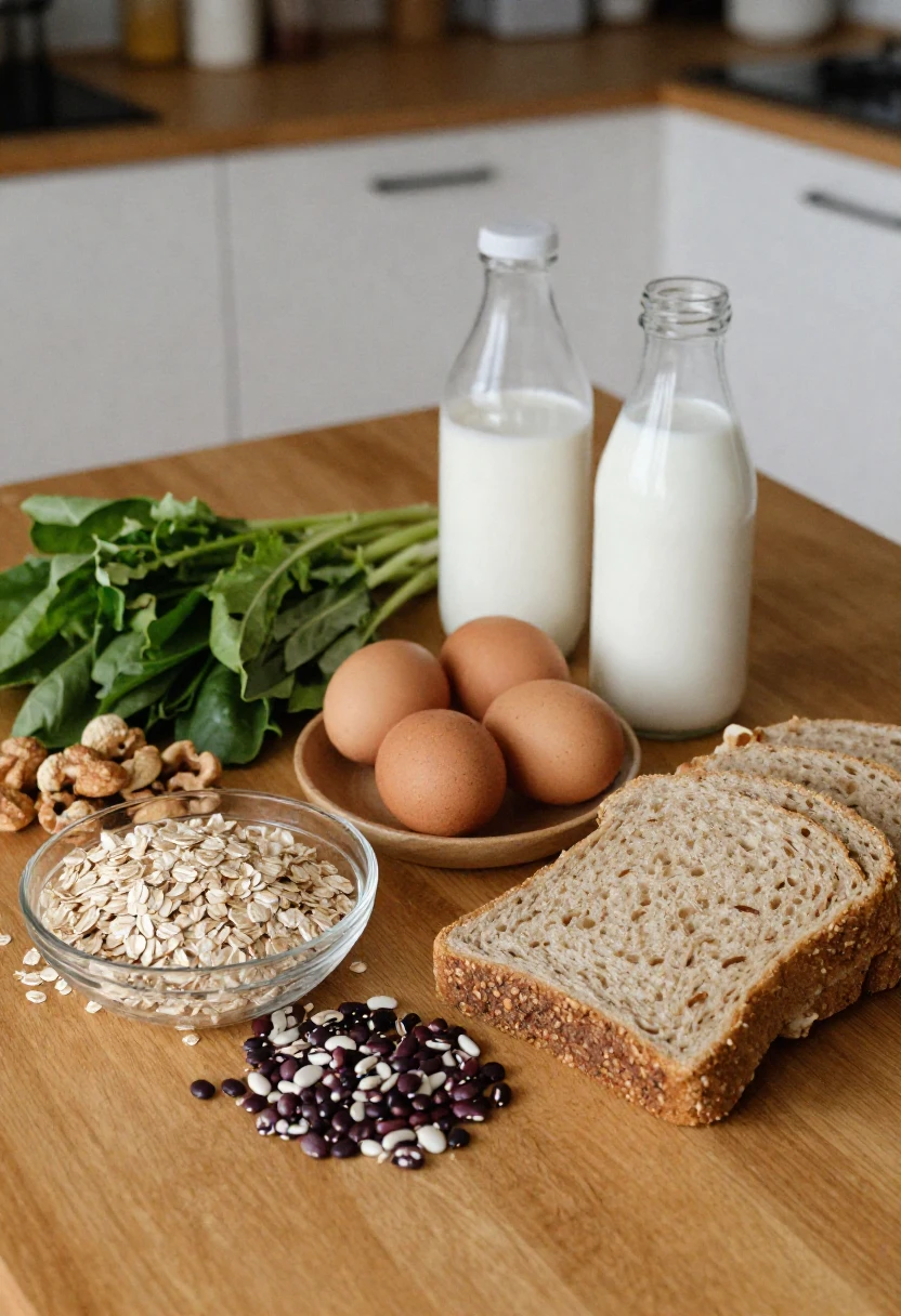 Assorted breakfast ingredients on a wooden counter: leafy greens, oats, mixed beans, eggs, milk, walnuts, and sliced bread.