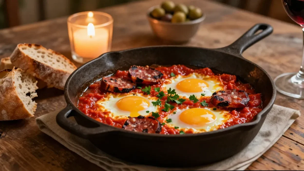 Huevos a la flamenco in a rustic skillet with warm Mediterranean evening atmosphere