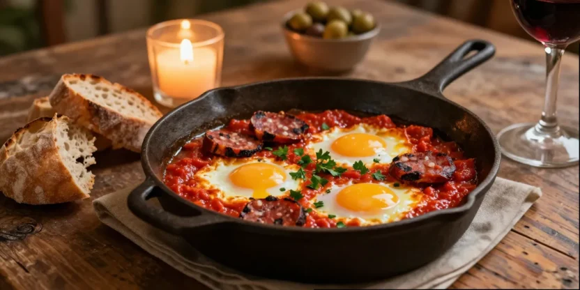 Huevos a la flamenco in a rustic skillet with warm Mediterranean evening atmosphere