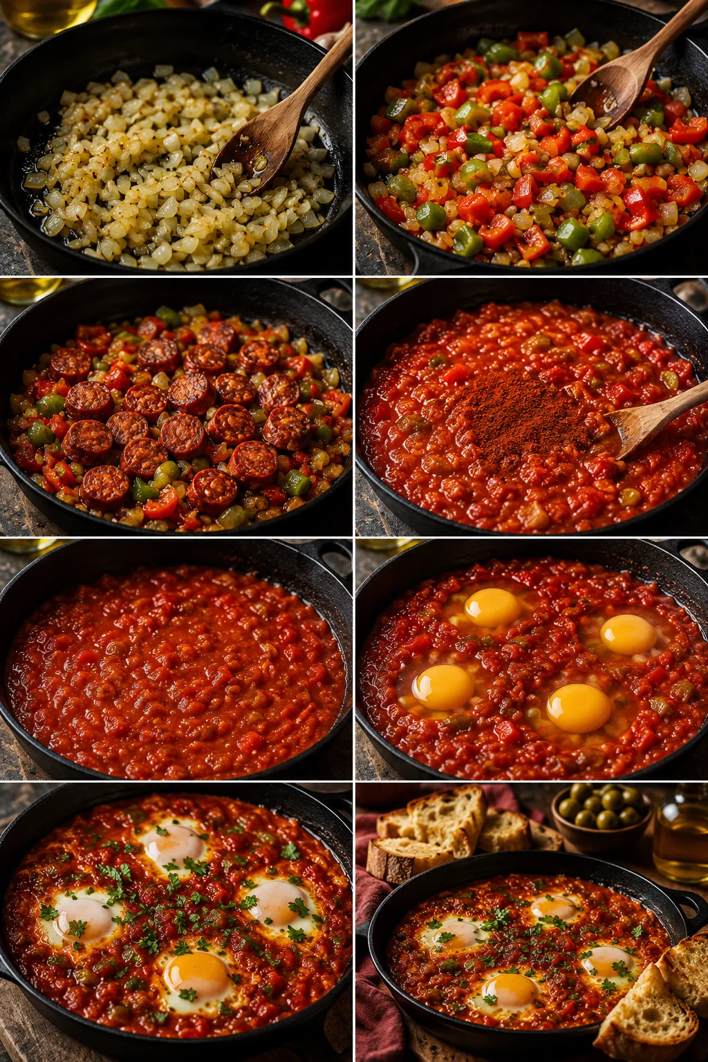 Baked eggs in rich tomato sauce with chorizo and warm crusty bread