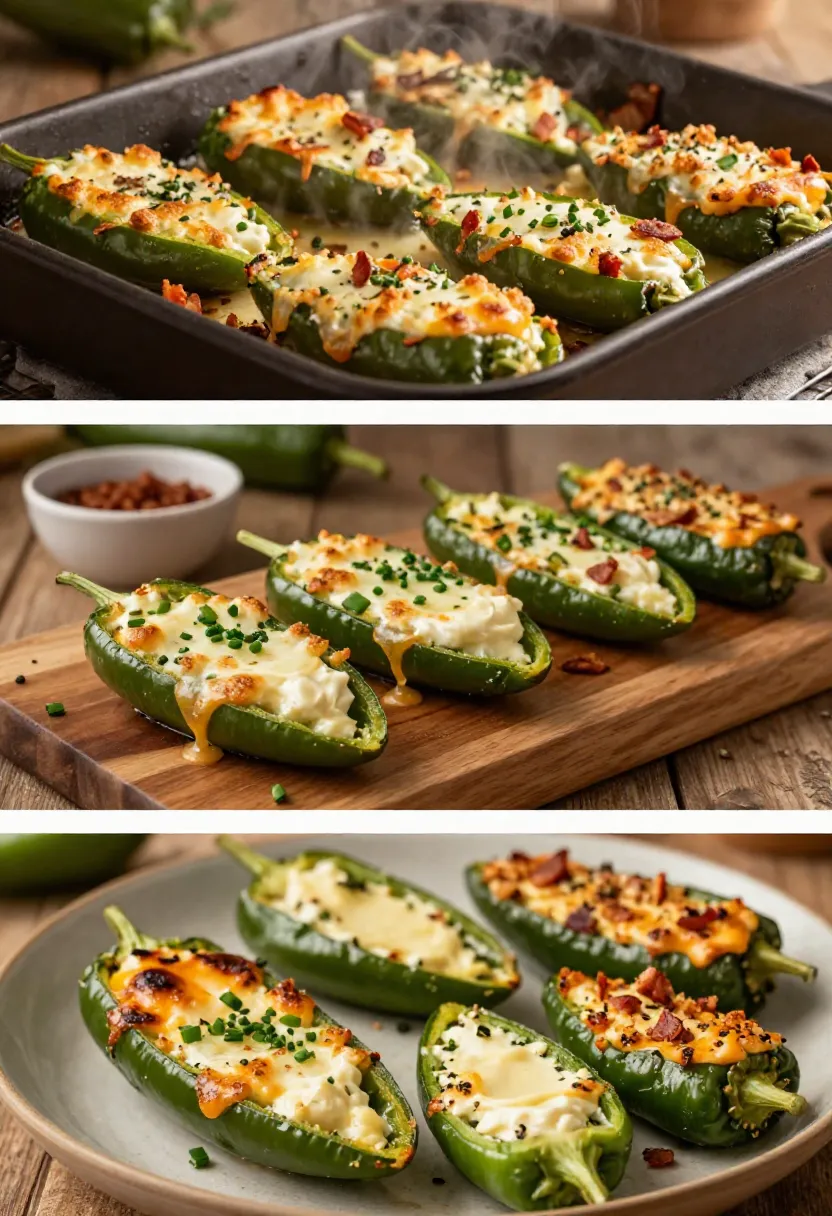 Green jalapeño peppers stuffed with creamy cheese, topped with melted cheese and crispy bacon on a baking tray