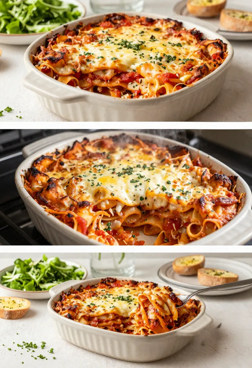 Editorial collage showing baked pasta from layered preparation to a warm shared dinner scene.