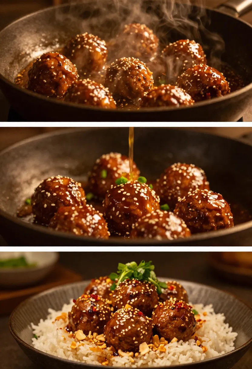 Three-frame collage showing sticky Asian meatballs, simmering garlic ginger glaze, and beautifully plated meatballs over rice