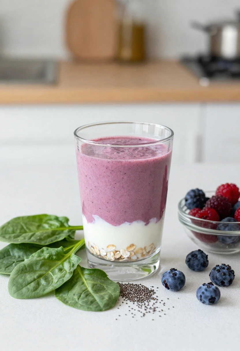 Homemade berry smoothie with Greek yogurt, oats, chia seeds, spinach, and fresh berries.