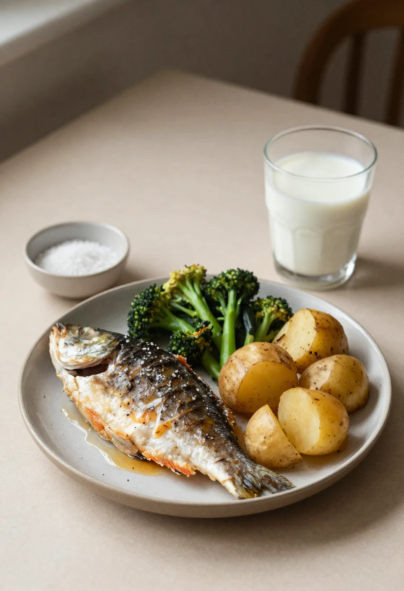 Balanced iodine-friendly meal with fish, vegetables, iodized salt, and milk.
