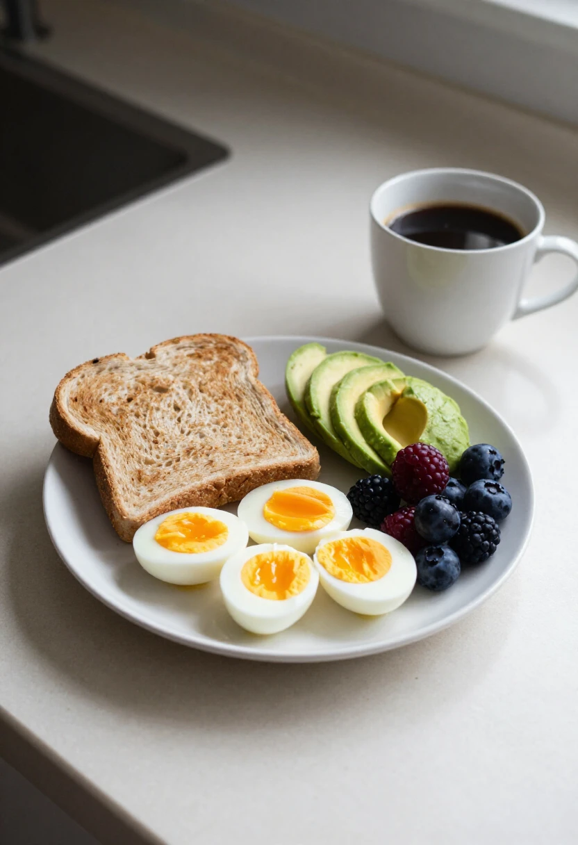 Balanced quick breakfast with eggs, toast, avocado, berries, and coffee.