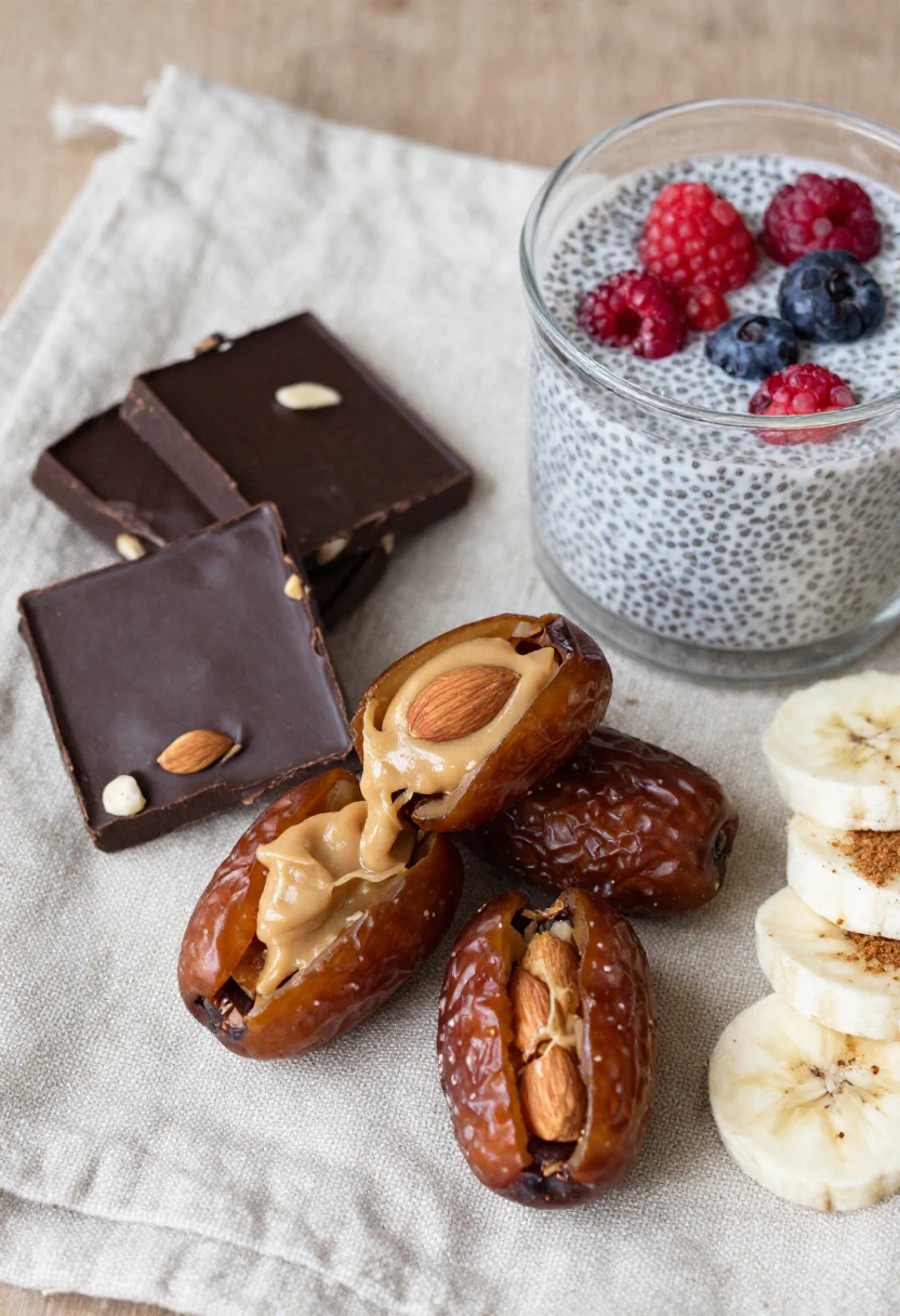 Dates stuffed with almonds and peanut/almond filling, alongside dark chocolate squares, chia pudding with berries, and banana slices on a beige cloth.