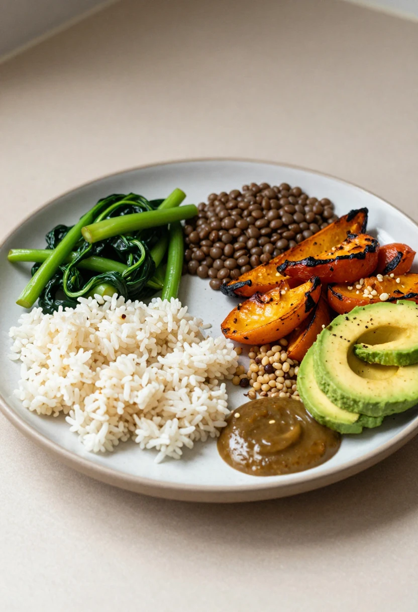 Balanced vegetarian plate with lentils, grains, roasted vegetables, avocado, and sauce compared with a simple unfinished meat-free meal.