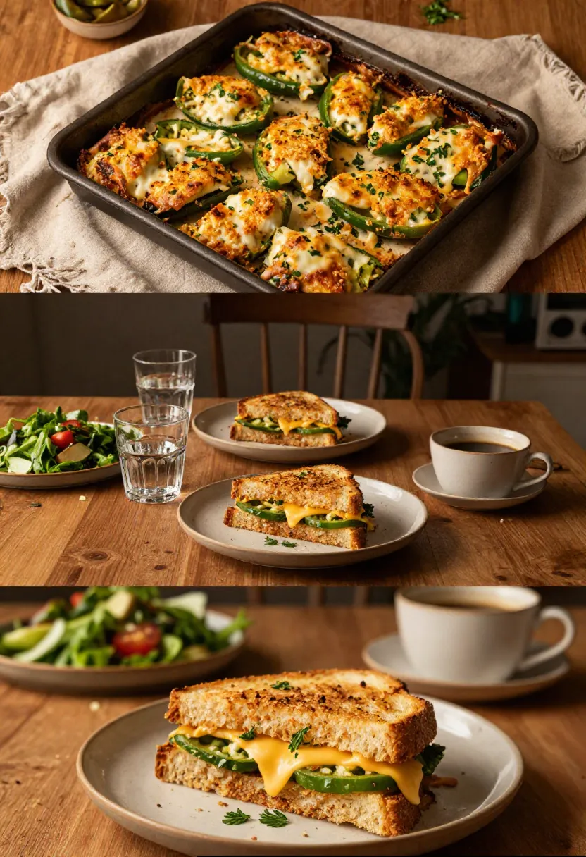 Tray of jalapeño halves stuffed with melted cheese and herbs, baked to golden brown on a baking tray