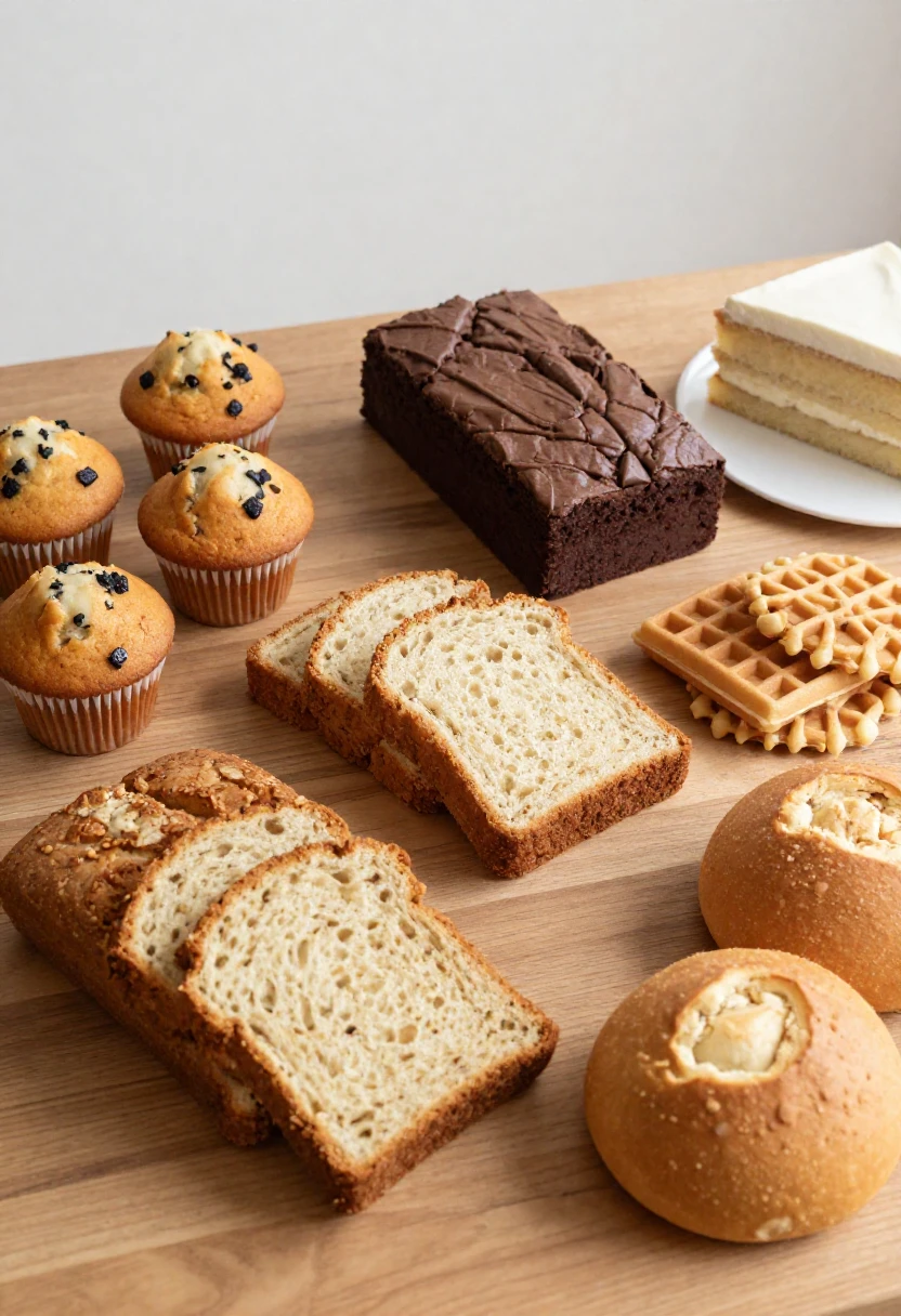 A variety of baked goods that freeze well, including muffins, brownies, waffles, cookies, bread rolls, and cake.
