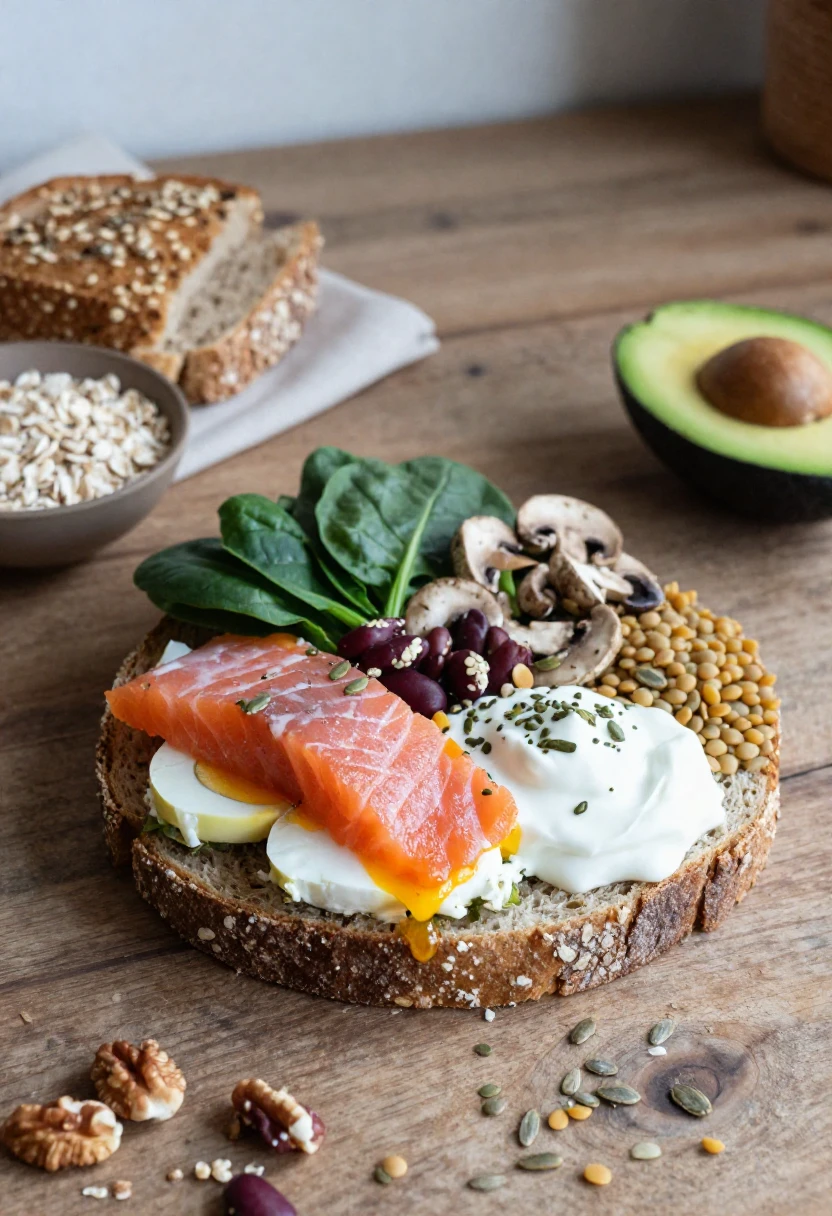 Open-faced whole-grain bread topped with smoked salmon, hard-boiled egg, cream cheese, spinach, mushrooms, olives and lentils plus seeds on the side.