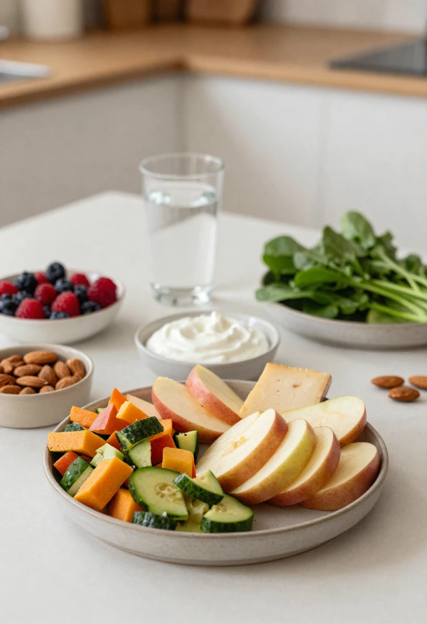 Best foods for healthy teeth and gums, including crunchy vegetables, fruit, yogurt, cheese, almonds, greens, and water.