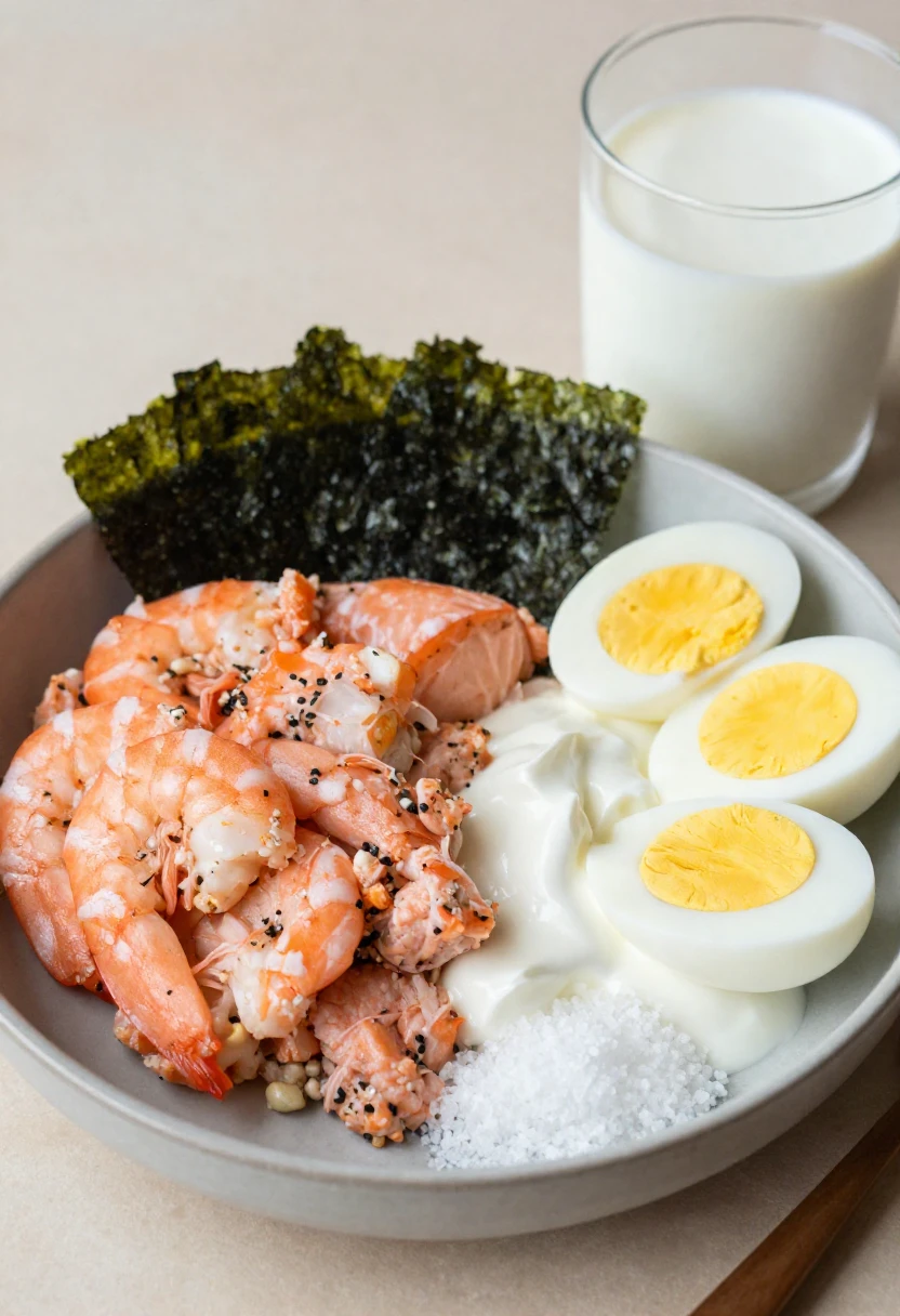 Iodine-rich foods including seafood, eggs, dairy, iodized salt, and seaweed.