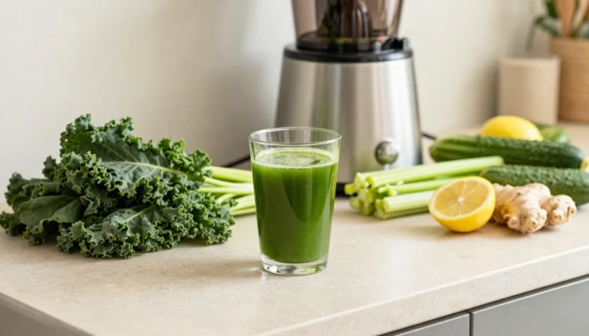 Fresh green juice with leafy greens and a juicer on a bright kitchen counter