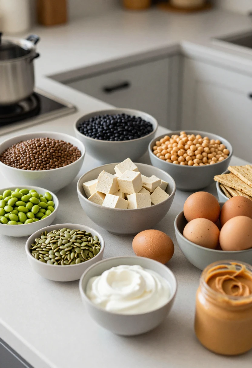Vegetarian protein sources including lentils, beans, chickpeas, tofu, tempeh, edamame, eggs, yogurt, seeds, and peanut butter.