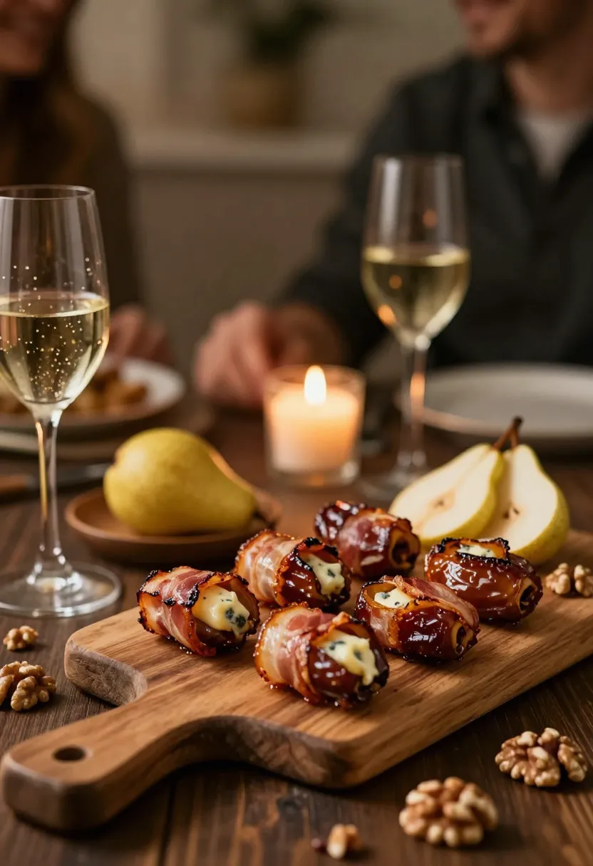 Warm serving scene with bacon wrapped dates and wine glasses