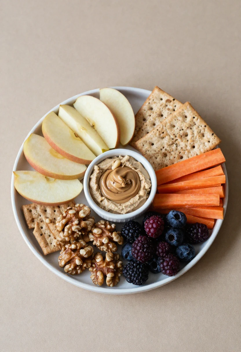 Snack plate with apple slices, crackers, carrot sticks, walnuts, berries, and a peanut butter dip in the center.