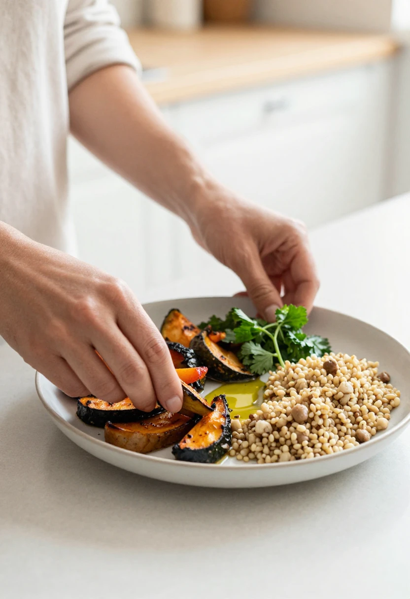 Hands plate a dish with roasted squash wedges, chickpeas and lentils, finished with parsley and olive oil in a bright kitchen.