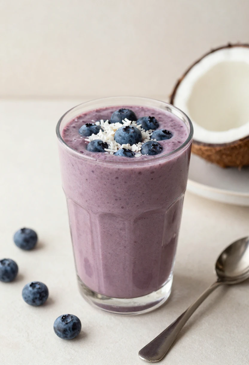 Creamy blueberry coconut smoothie with blueberries and coconut milk.