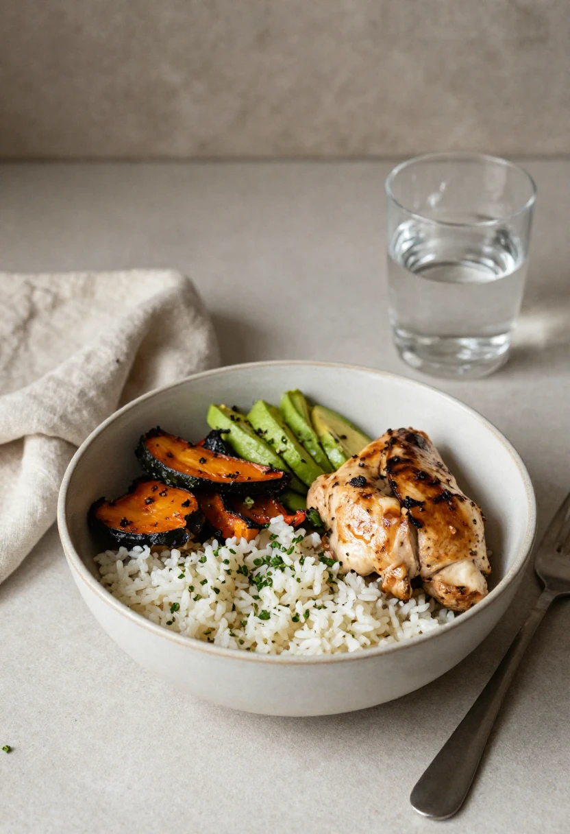 Bowl of white rice with grilled chicken, roasted carrots and zucchini; a glass of water in the background.