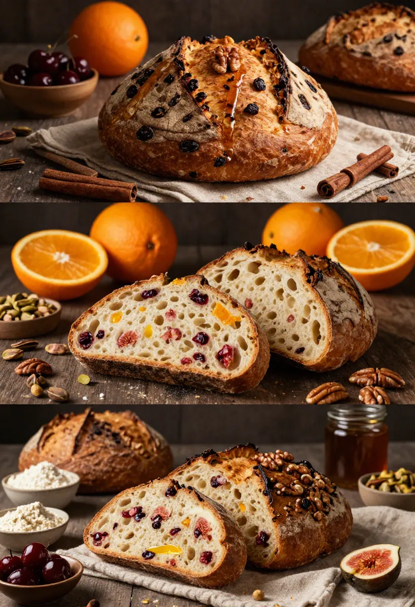Cozy autumn collage of rustic fruit sourdough bread with warm coffee, soup, cheese, walnuts, and slow cold-weather atmosphere