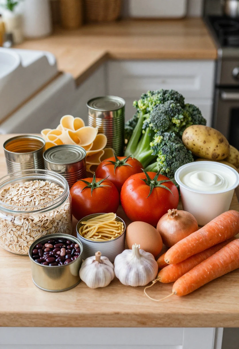 Assorted groceries on a kitchen counter: tomatoes, broccoli, carrots, onions, garlic, potatoes, oats, pasta, beans, yogurt, eggs, and canned goods.