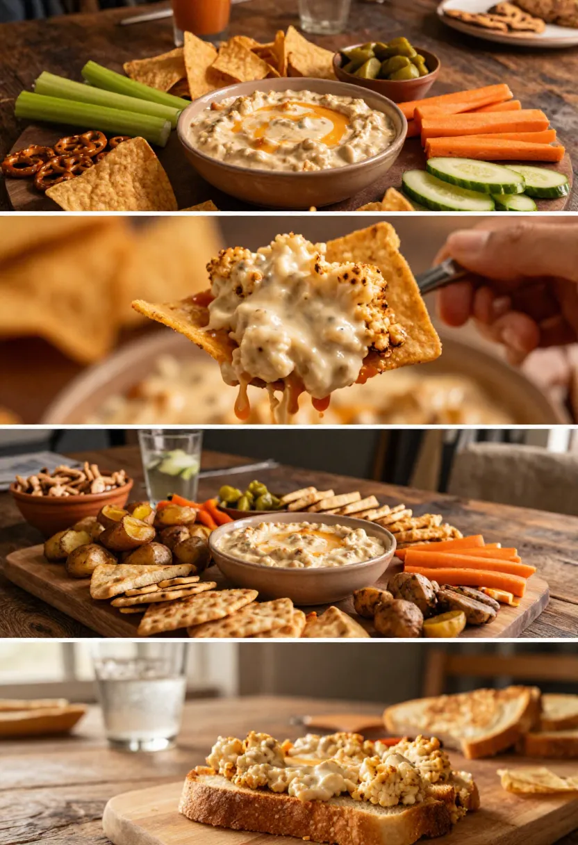 Serving collage with buffalo cauliflower dip, chips, vegetables, and toasted bread.