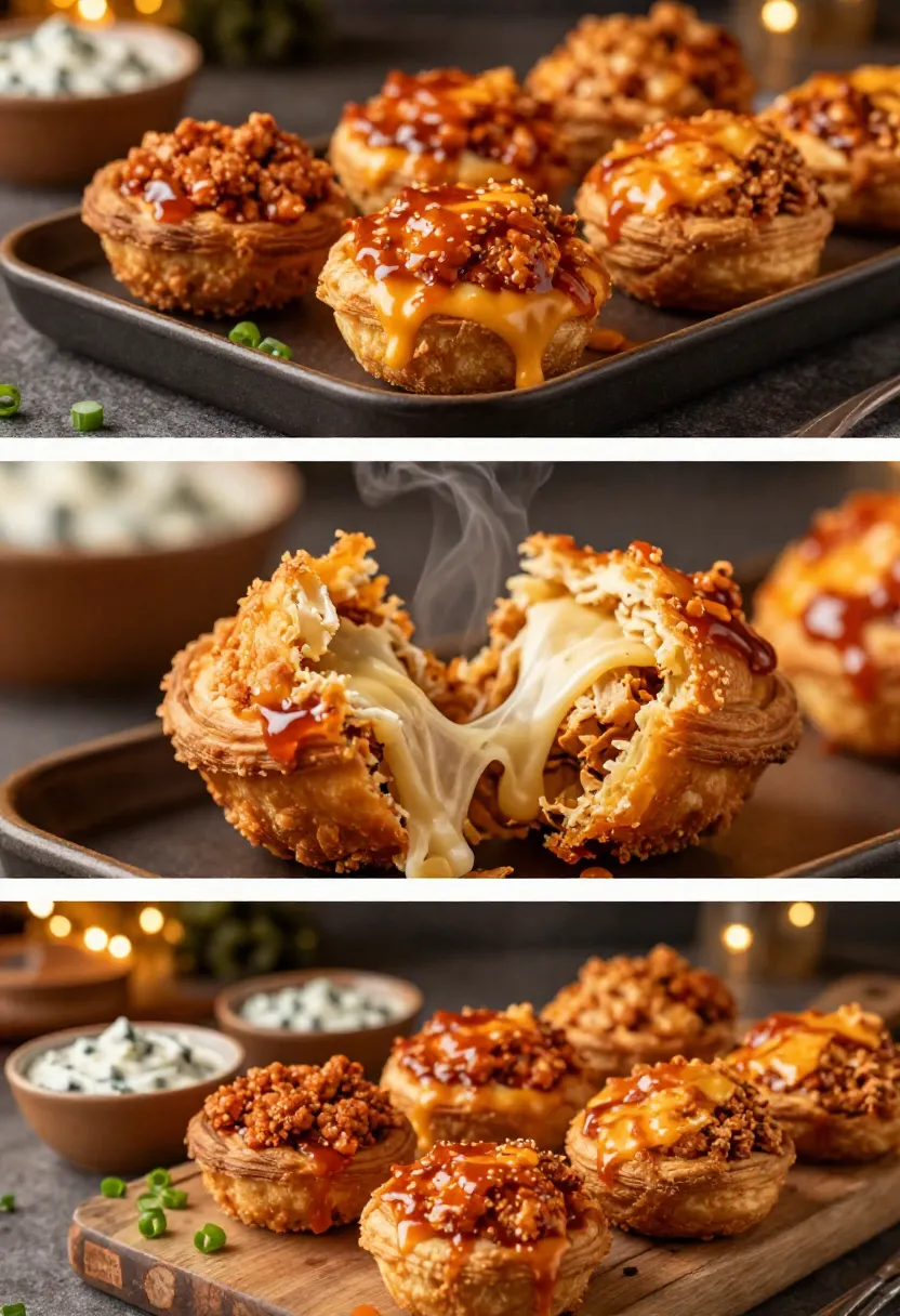 Collage of crispy buffalo chicken cups with melted cheese and spicy buffalo filling.