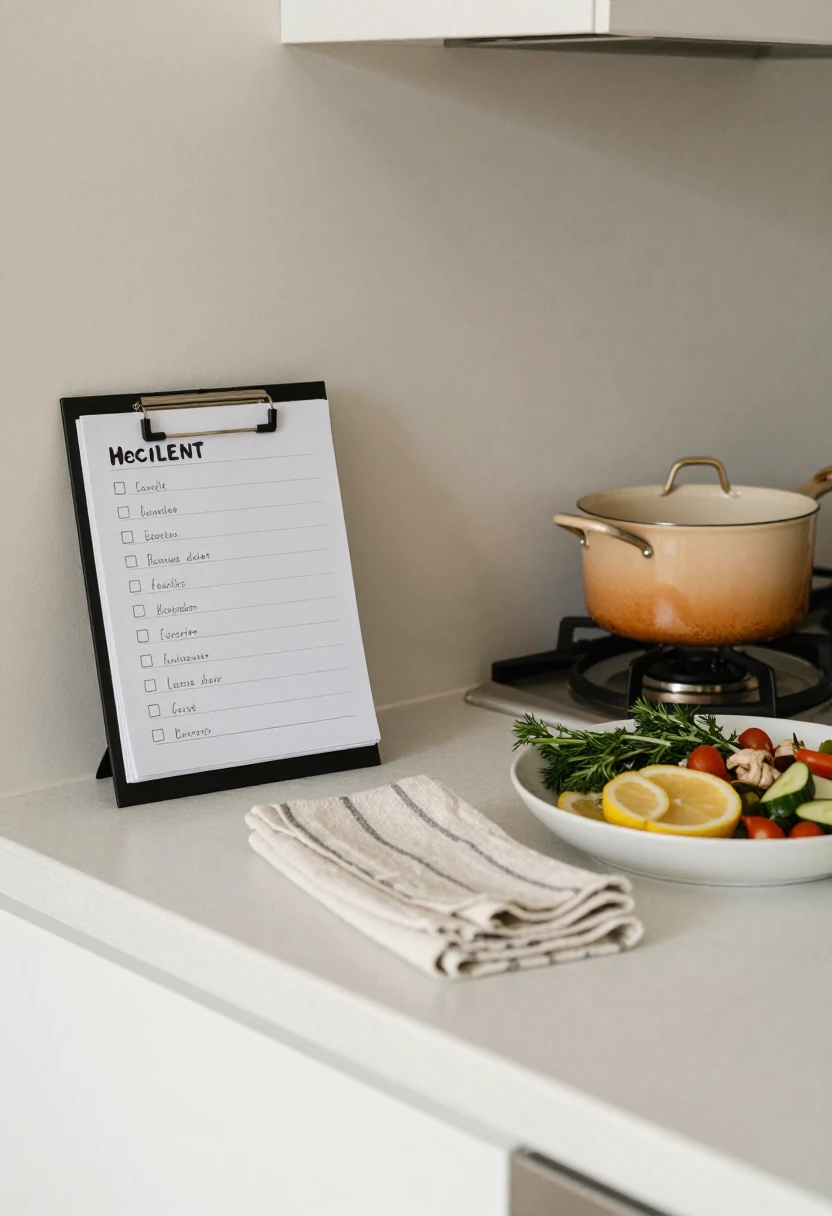 Organized holiday kitchen with checklist, clean counter, prepared dishes, and warm cooking setup.