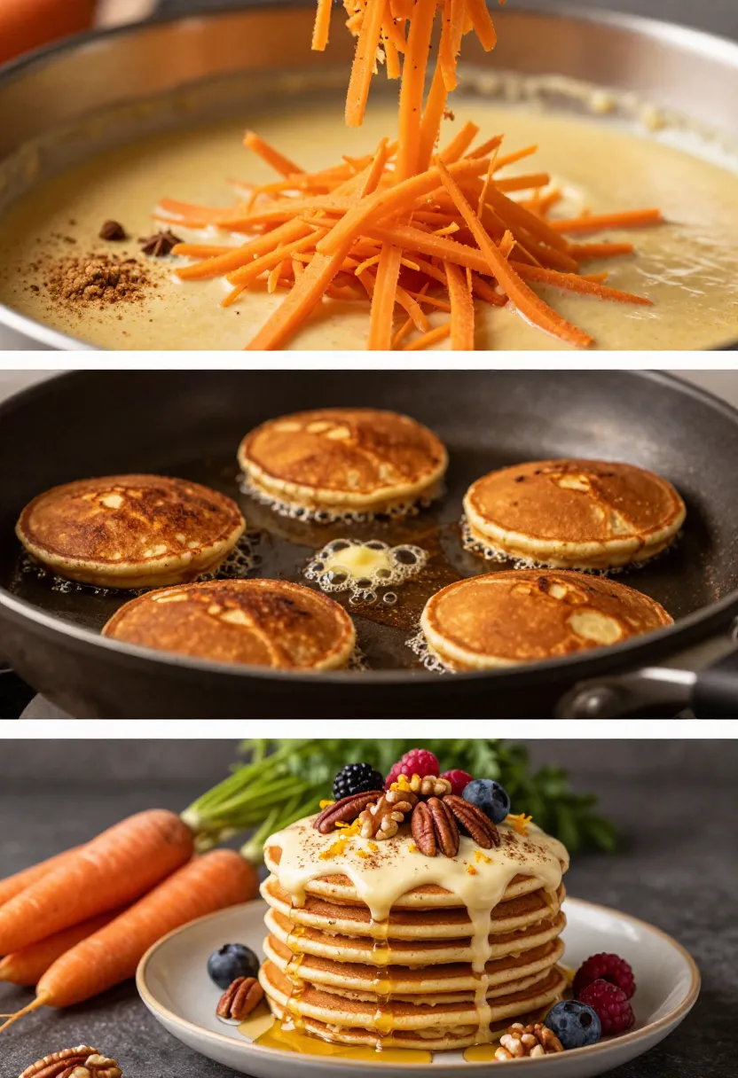 Three-panel collage: creamy carrot soup with shredded carrot garnish, pancakes frying in a skillet, and a plate with a tall stack of maple-drizzled pancakes topped with berries and nuts.