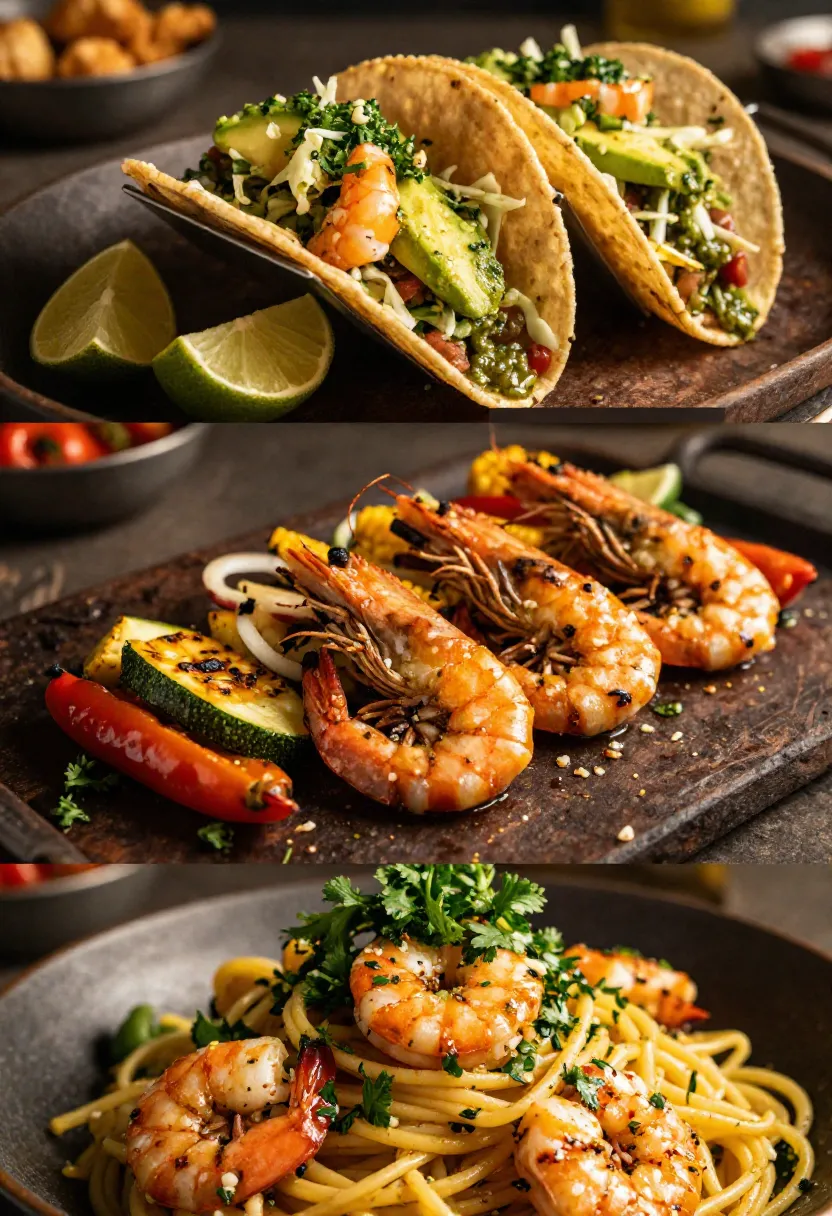 Collage of chimichurri shrimp tacos, grilled vegetables, and herb shrimp pasta variations