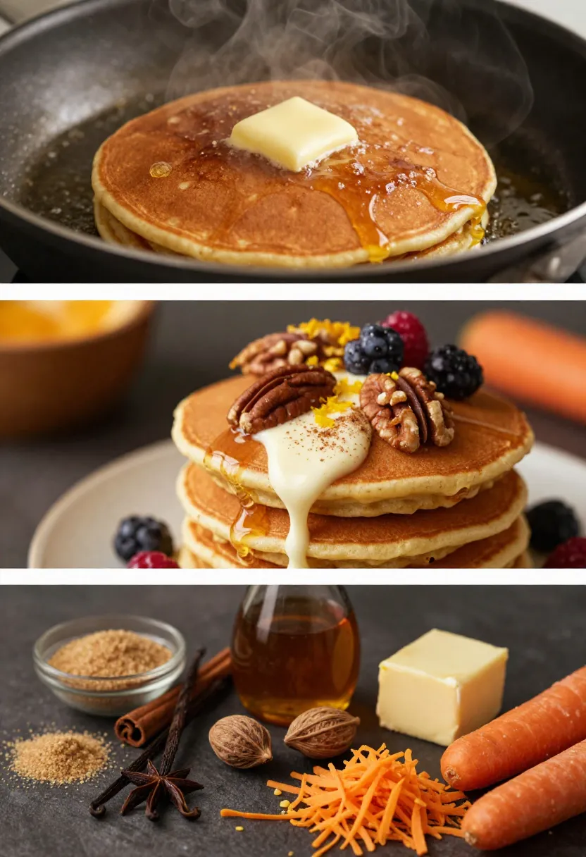 Collage of butter-fried carrot cake pancakes, cream cheese topping, maple syrup, and warm baking ingredients.