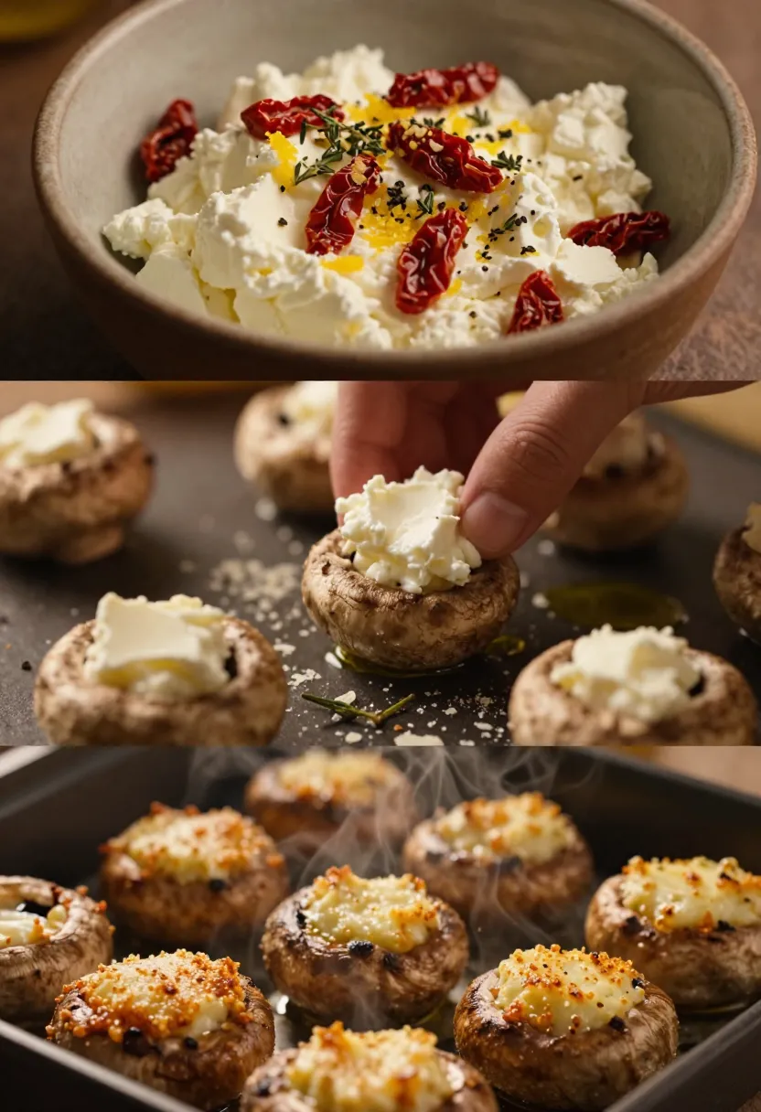 Collage of goat cheese stuffed mushrooms and filling ingredients