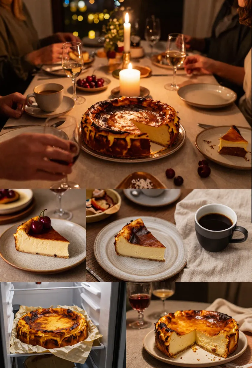 Basque burnt cheesecake served with coffee, berries, and wine during a cozy evening gathering.