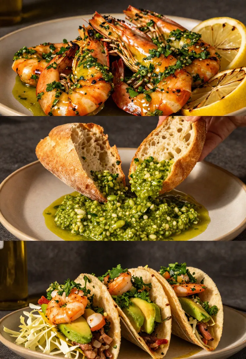 Top panel: plated shrimp in a garlic herb sauce with lemon wedges, garnished with parsley greens and herbs, on a beige plate: a seafood appetizer.