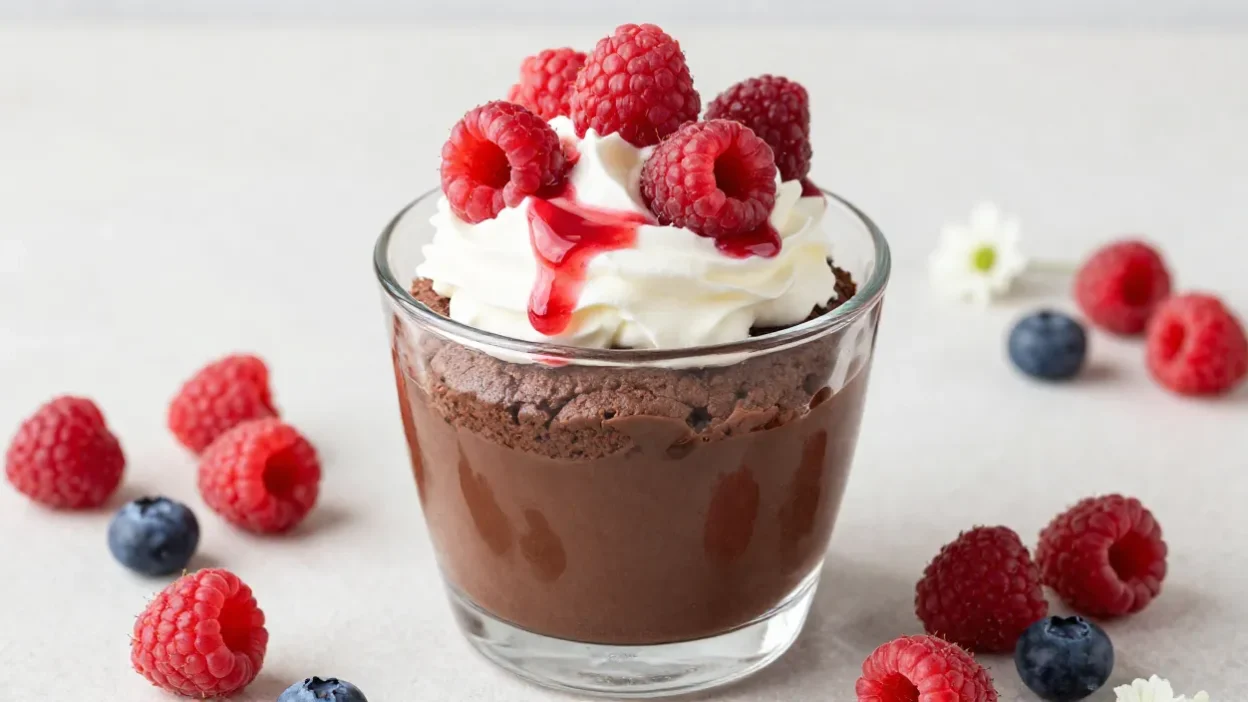 Chocolate mug cake in a glass with whipped cream, raspberries, and fresh berries around
