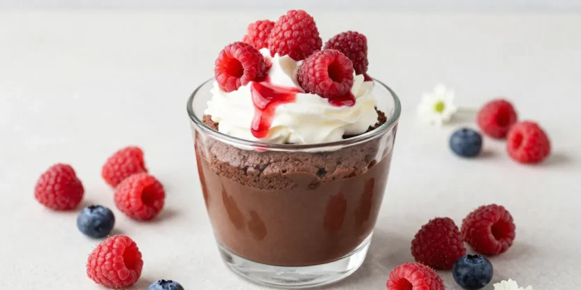 Chocolate mug cake in a glass with whipped cream, raspberries, and fresh berries around
