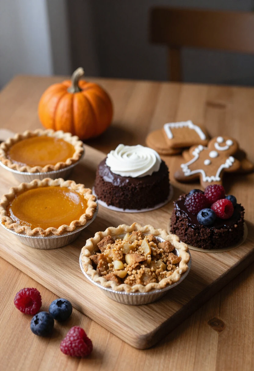 Holiday dessert board with pie, apple crisp, chocolate cake, gingerbread, and berries for intentional dessert choices.
