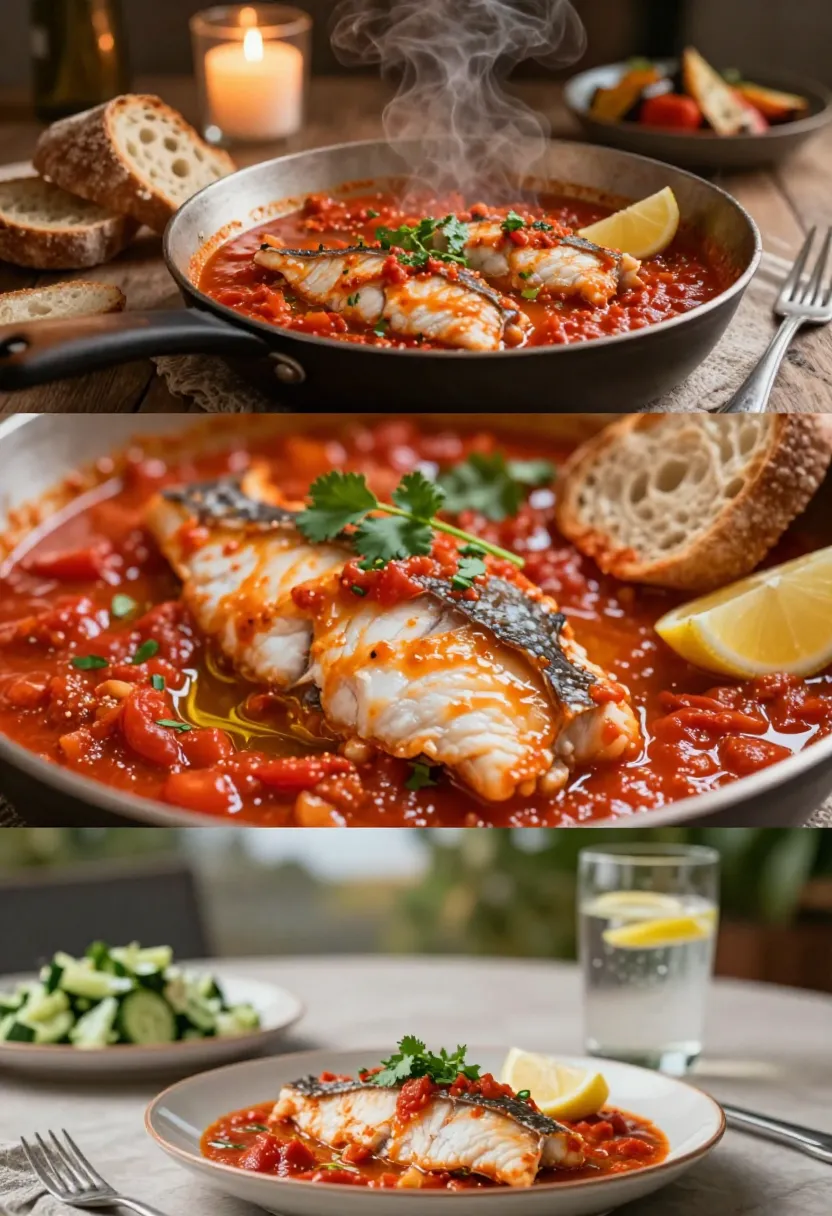 Vertical collage with white fish fillets in spicy chraime tomato sauce served in cozy seasonal dinner scenes