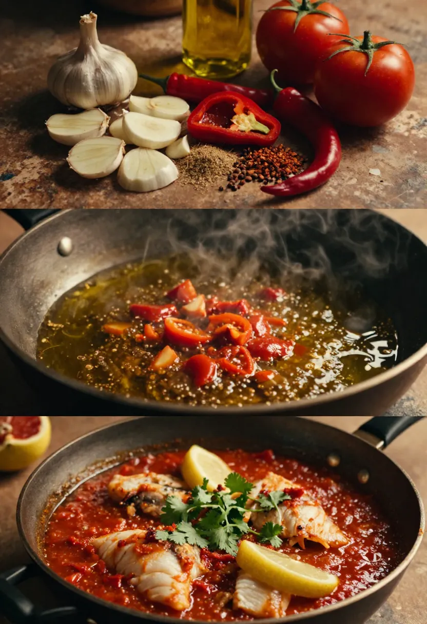 Three-frame collage showing chraime ingredients, spices cooking in oil, and fish simmering in spicy tomato sauce