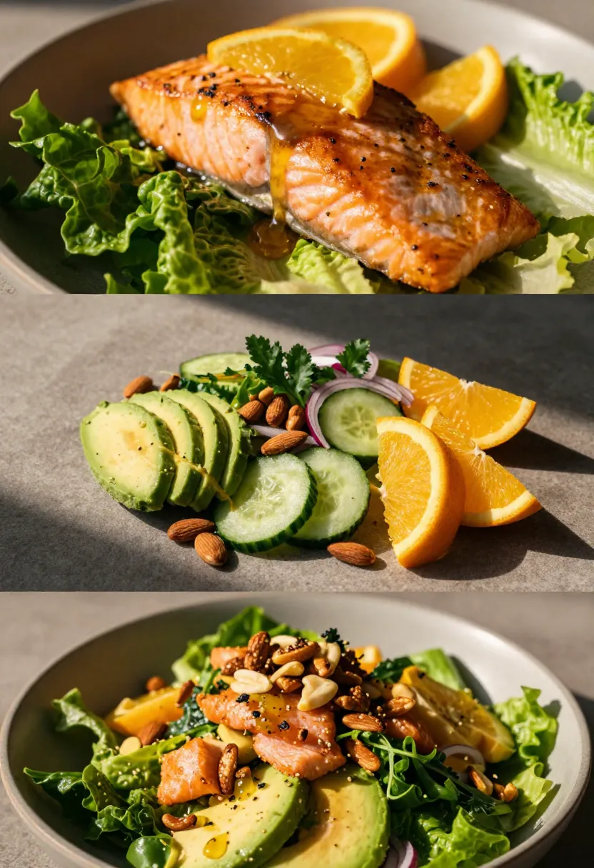 Pan-seared salmon fillet with orange wedges on a bed of lettuce and greens, drizzle of glaze visible.