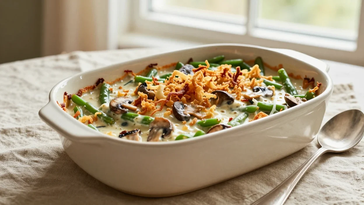 Classic green bean casserole with crispy onions in a ceramic baking dish