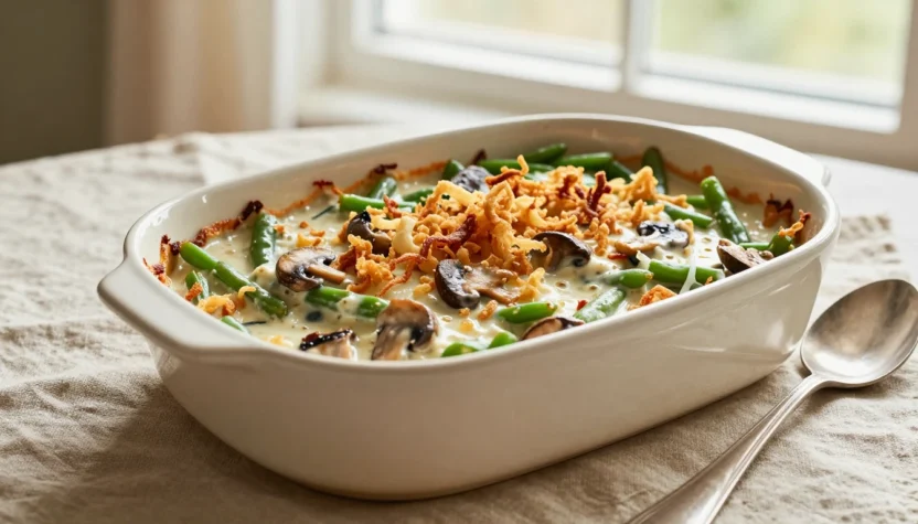 Classic green bean casserole with crispy onions in a ceramic baking dish