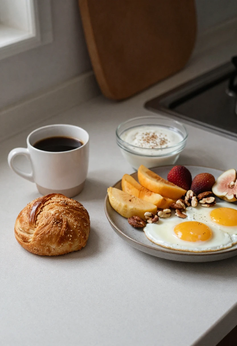 Balanced breakfast next to coffee and pastry as a healthier morning choice.